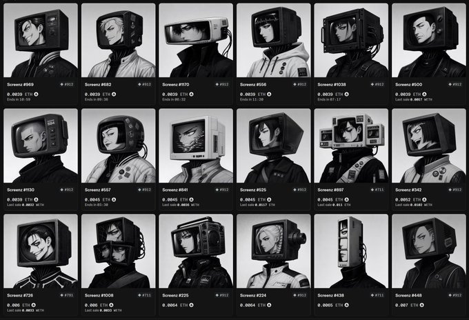 A grid displays 18 black-and-white NFT profile pictures from the "Screenz" collection, each featuring anime-style characters wearing boxy television-like helmets, with prices ranging from 0.0039 to 0.0889 ETH and ending times between 2 hours and 2 days. The image serves as a promotional showcase for affordable PFPs on OpenSea, tying into the post's call to action about getting a profile picture ready for the bull market.