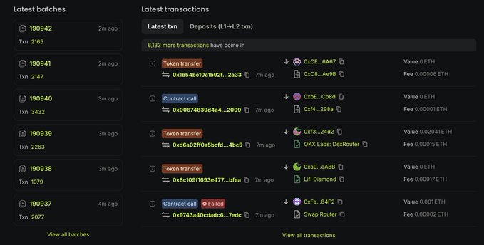 A blockchain explorer interface shows the latest batches (190942-190937) and latest transactions including token transfers and contract calls with values in ETH.