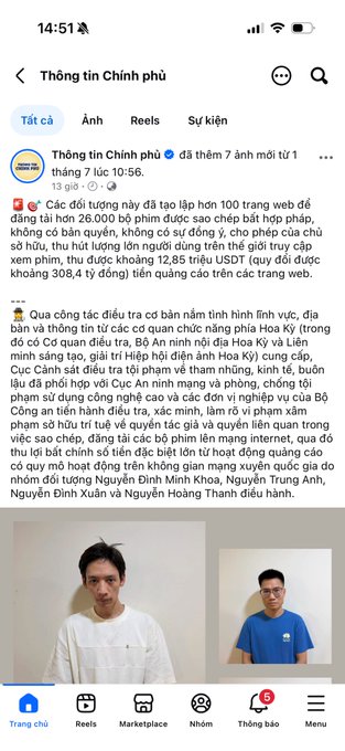 A Vietnamese Facebook page post titled "Thông tin Chính phủ" (7 lúc 10:56) announcing legal action against 100 websites for spreading false information, including photos of two men in custody.