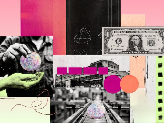 A vibrant collage featuring a one-dollar bill with the serial number "B 03542754 F," hands holding iridescent cryptocurrency coins, a modern building, and abstract pink and green design elements. The imagery visually reinforces the post's message about Codex FX bridging the gap between stablecoins (USDC/USDT) and physical US dollars at wholesale rates.