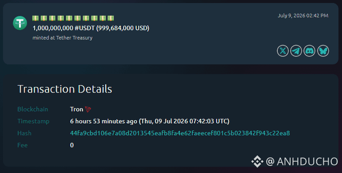 A screenshot of a cryptocurrency transaction on the Tron blockchain shows Tether Treasury minting 1,000,000,000 #USDT (999,684,000 USD) on July 9, 2026, watermarked with '@ANHDUCHO'.