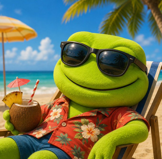 A green frog plushie wearing sunglasses and a Hawaiian shirt relaxes on a beach chair with a coconut drink, set against a tropical beach backdrop with palm trees. The image playfully embodies the "trenches" crypto slang from the post about $TOAD, with the chill, carefree frog mascot symbolizing relief and celebration after years of grinding through setbacks.