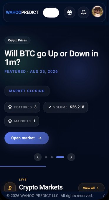 The image shows a Wahoo Predict Telegram mini-app screen displaying a featured crypto prediction market titled "Will BTC go Up or Down in 1m?" dated AUG 25, 2026, with a trading volume of $26,218 and an "Open market" button. This directly illustrates the post's description of testing the Wahoo Predict prediction market platform built inside Telegram, showcasing its crypto market offerings.