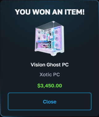 A LuxDrop reward notification announces a "VisionGhost PC" (Xotic PC) win valued at $3,450.00, prompting viewers to decide between ordering the gaming PC or cashing out in cryptocurrency.