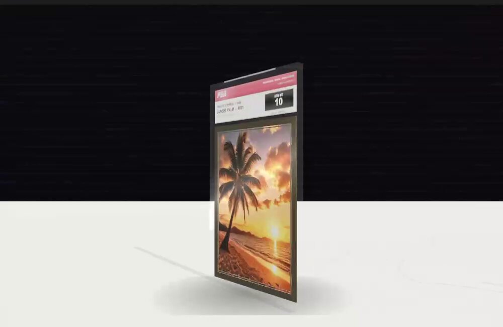 The image features a photo of palm trees printed on a card, displayed against a backdrop that is either black or white with a horizontal line across the center. The card has a label around its edge which reads "Palm trees are everywhere, so this week' s gem thread", indicating that it showcases photos related to Palm Tree minting. A post has been set up for a community call scheduled from May 31st to June 14th, and it encourages viewers to join in and share their own art or ideas about this theme. The word "proof" is also visible within the text around the image, suggesting that the post may be backed by some form of validation or recognition.