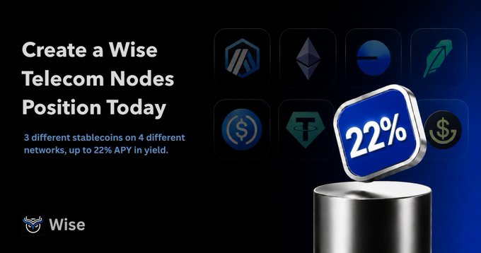 An advertisement for 'Wise Telecom Nodes' promoting stablecoins on various networks with up to 22% APY in yield.