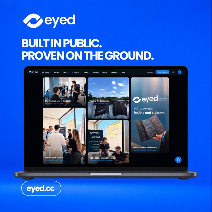A promotional graphic for 'eyed' featuring the text 'BUILT IN PUBLIC. PROVEN ON THE GROUND.' and 'eyed.cc', showing a laptop displaying the company's website with various event photos.