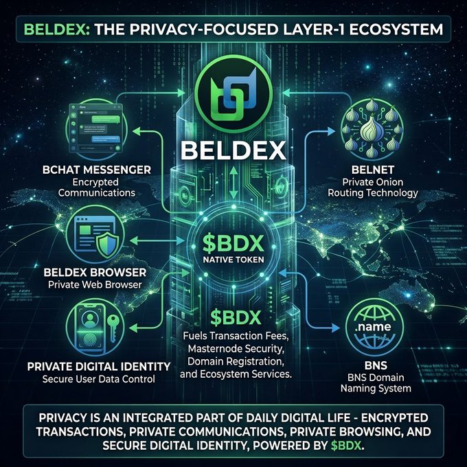 A promotional infographic for 'BELDEX: THE PRIVACY-FOCUSED LAYER-1 ECOSYSTEM' detailing its services like BChat Messenger, Beldex Browser, and Belnet, all powered by the $BDX native token.