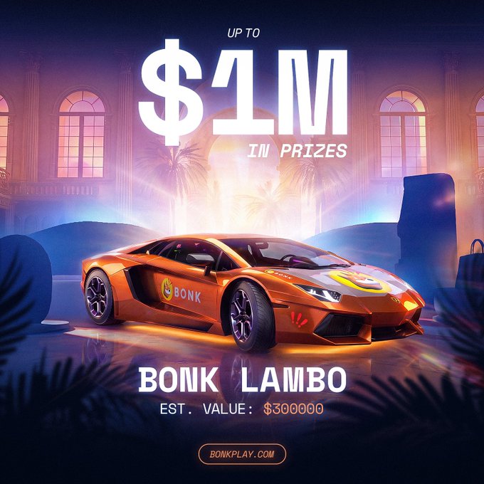 A promotional graphic advertises 'UP TO $1M IN PRIZES' and a 'BONK LAMBO' with an estimated value of $300000 on BONKPLAY.COM.