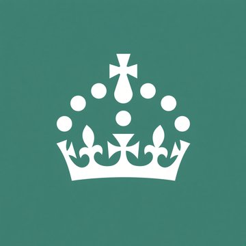 A minimalist white crown emblem on a green background, featuring fleur-de-lis designs, circular pearls, and a cross at the top.