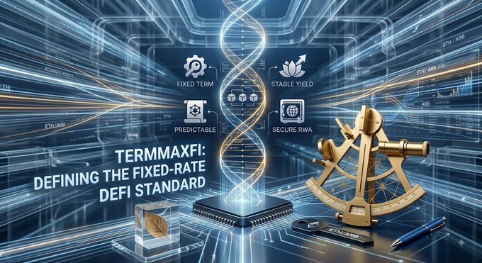 A futuristic promotional graphic for 'TERMMAXFI: DEFINING THE FIXED-RATE DEFI STANDARD' featuring icons for Fixed Term, Stable Yield, Predictable, and Secure RWA, alongside a golden sextant and DNA helix on a circuit-board background with ETN/ARB labels.