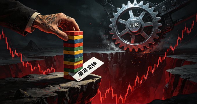 A tattooed hand stacks colorful blocks precariously on a cliff edge beside a jagged red market crash chart and a large gear labeled "市场" (market), with a fallen block reading "墨菲定律" (Murphy's Law) tumbling into the abyss—visually symbolizing how overconfidence, ignored stop-losses, and blind faith in support levels cause traders to collapse when the market inevitably turns against them.