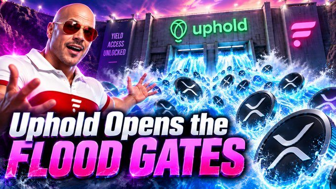 A man in sunglasses excitedly gestures toward a dam labeled "uphold" releasing a flood of XRP coins, with text reading "Uphold Opens the FLOOD GATES" and "YIELD ACCESS UNLOCKED," promoting an upcoming YouTube video about Uphold's potential listing of Flare Network and XRP rewards.