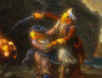 A classical-style painting depicts two figures with bird-like heads, one holding a glowing orange object and a sword, set in a dramatic, dimly lit scene reminiscent of rococo art.