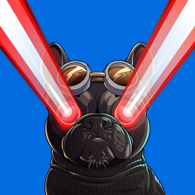 A black French Bulldog wearing goggles and a beanie shoots red laser beams from its eyes against a blue background, evoking the "Laser Eyes" meme often used in crypto communities to signal bullish sentiment—matching the post's celebration of ApeCoin's 56K overnight trading volume and 250K total volume on a GTD mint pass.
