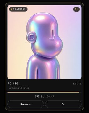 A digital card showing a chrome, humanoid figure titled "PC #20 Background Extra Lvl 3" with 158.1 / 154 XP and "Remove" and "X" options.
