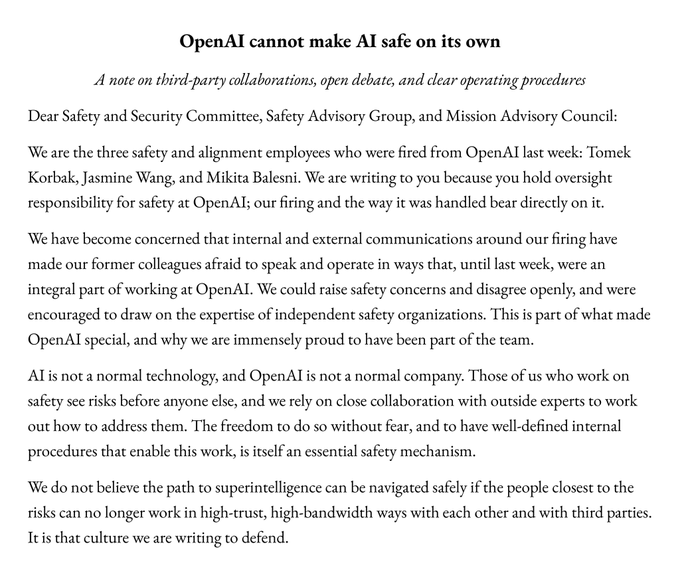 A memo titled "OpenAI cannot make AI safe on its own," addressed to OpenAI's Safety and Security Committee, Safety Advisory Group, and Mission Advisory Council. Written by fired safety employees Tomek Korbak, Jasmine Wang, and Mikita Balesni, the letter warns that their dismissals have stifled internal safety advocacy and collaboration with outside experts—aligning with reports that the three were let go for prioritizing AI safety over corporate interests.