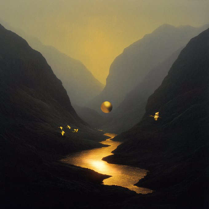 A moody, atmospheric landscape illustration showing a golden river winding through dark mountain valleys, with a glowing yellow sphere floating in the misty distance and small golden birds flying near the cliffs under a hazy yellow sky.