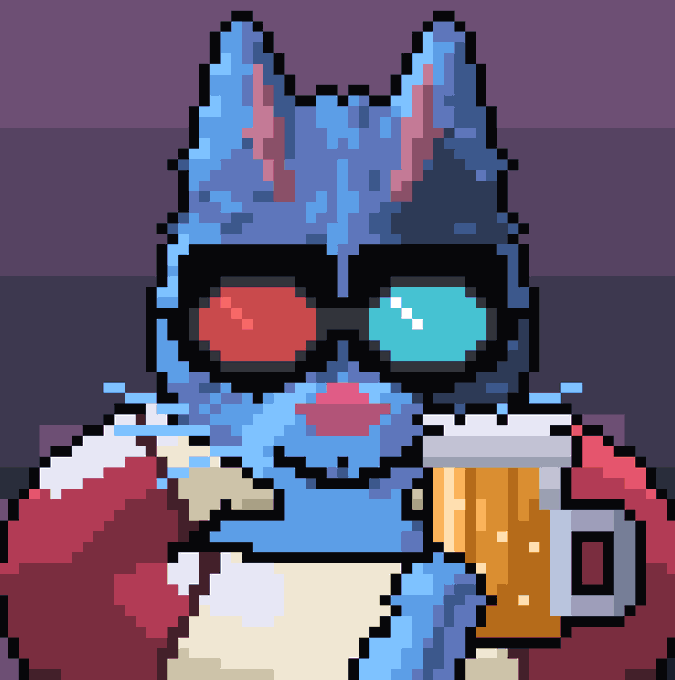 A pixel art illustration of a blue cat wearing sunglasses with one red and one cyan lens, holding a beer mug and wearing a red jacket.