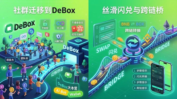 A Chinese-language promotional graphic for DeBox features two panels: one depicting '社群迁移到DeBox' (community migration to DeBox) and another showing '丝滑闪兑与跨链桥' (smooth swapping and cross-chain bridging).