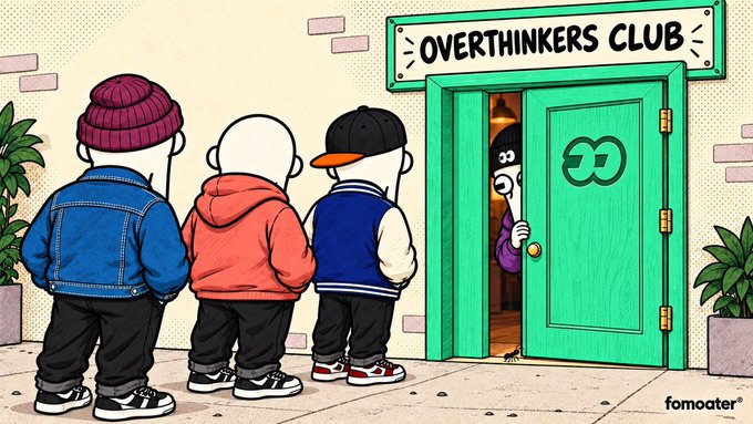 An illustration for 'fomoater' showing characters in line outside a green door labeled 'OVERTHINKERS CLUB', where a figure peeks out from behind the door.