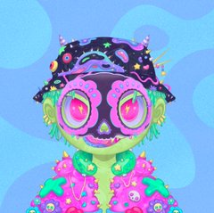 A colorful digital illustration of a skeletal figure wearing large pink glasses, with a starry night sky for a head.