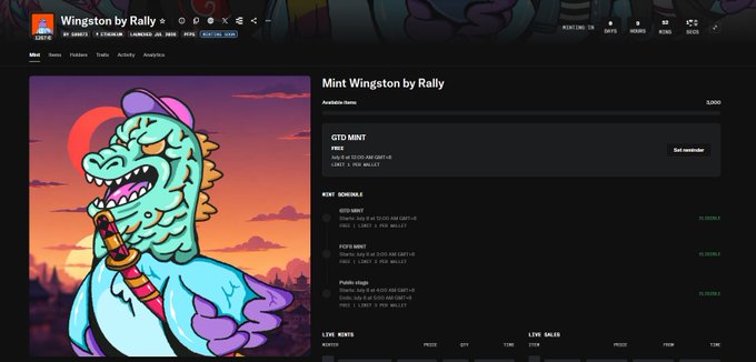 A cryptocurrency minting page on the Rally platform for 'Mint Winston by Rally', showing a cartoon dinosaur artwork and royalty payout schedules.