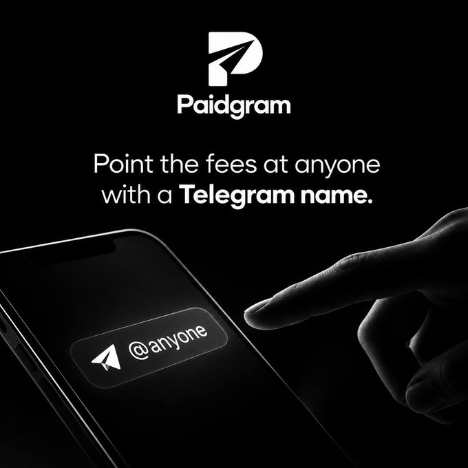 A promotional graphic for "Paidgram" featuring the logo and tagline "Point the fees at anyone with a Telegram name," showing a finger tapping a phone screen with a messaging input field reading "@anyone".