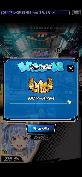 A mobile game results screen in Japanese shows a 1st place victory ('1位') for FPT Season 6-1, featuring an anime-style character portrait at the bottom left.