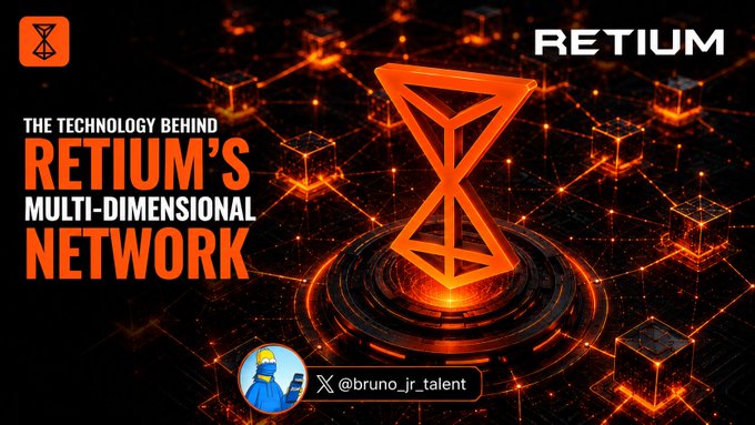 A digital promotional graphic features an orange geometric logo with text reading 'RETIUM', 'THE TECHNOLOGY BEHIND RETIUM'S MULTI-DIMENSIONAL NETWORK', and a credit 'X @bruno_jr_talent'.