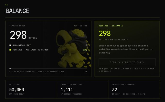 A dark-themed dashboard interface titled "01 BALANCE," displaying a "TIPPING POWER" of 298 MOTION and noting "298 RECEIVED · CLAIMABLE," with instructions to claim using a wallet via X to unlock.
