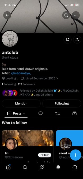 A mobile view of the Twitter/X profile for 'antclub' (@ant_clubz), showing the bio 'Built from hand-drawn originals', artist @madamayo_, 1 Following, and 119 Followers, with a Following button.