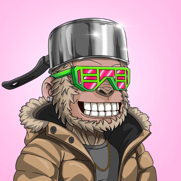 A cartoon NFT-style illustration of a smiling monkey wearing a metal pot as a hat, neon green glasses, a tan puffer jacket with fur hood, and a gold chain, set against a pink background.