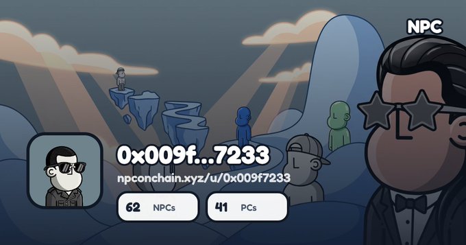 An NPC-themed profile page displaying '0x009f...7233' with the URL 'npconchain.xyz/u/0x009f7233', showing stats of '62 NPCs' and '41 PCs'.
