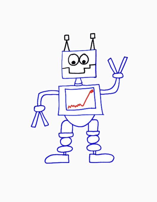 A hand-drawn cartoon robot with antennas, a smiling face, and a chest display showing a red rising line graph.