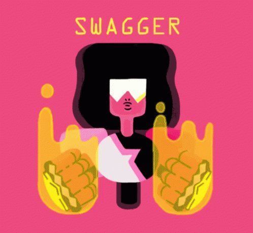 A digital illustration on a pink background features a stylized character with two large yellow hands and the word 'SWAGGER' written in yellow text at the top.