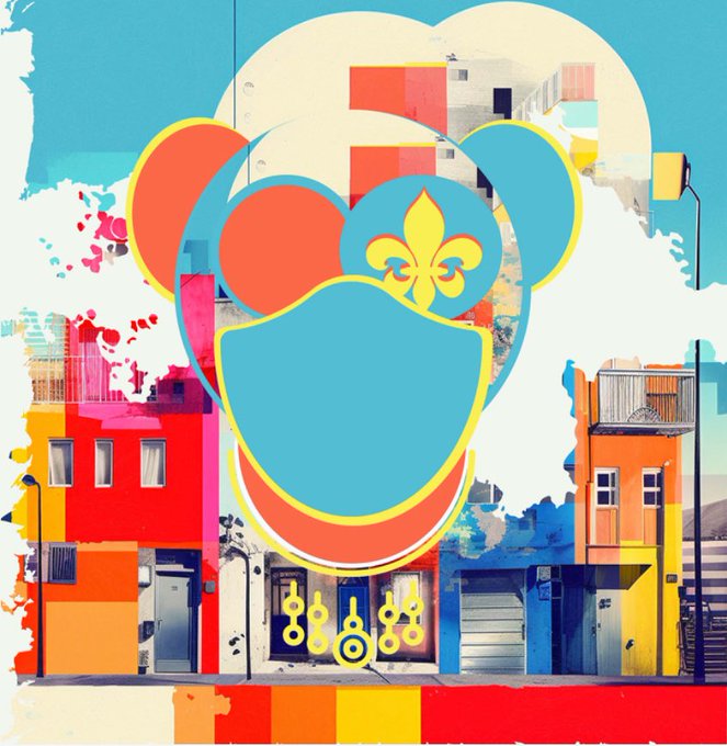 A vibrant, colorful urban art piece featuring a large blue, red, and yellow graphic emblem resembling a crest with a fleur-de-lis, set against a backdrop of colorful buildings.