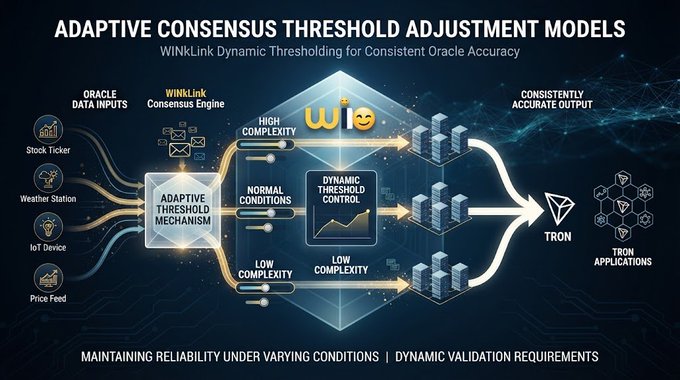 Technical diagram titled 'Adaptive Consensus Threshold Adjustment Models' illustrating WinkLink's dynamic thresholding process for consistent oracle accuracy, showing data inputs from stock tickers, weather stations, IoT devices, and price feeds flowing through a WinLink Consensus Engine to Tron applications.