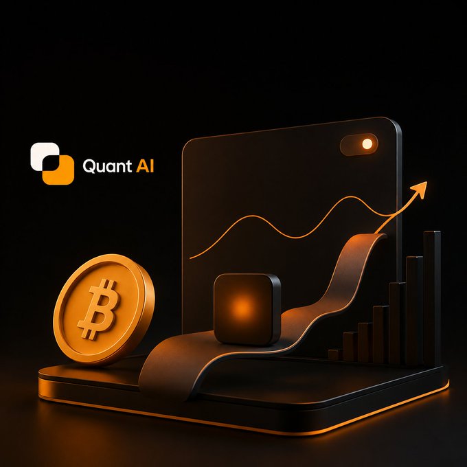 A Quant AI promotional graphic featuring a Bitcoin coin, an upward-trending chart, and bar graphs on a black background with orange accents.