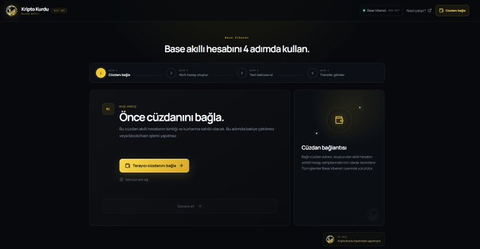 Screenshot of the Kripto Kambi cryptocurrency exchange registration page showing 'Base Akıllı Hesabını 4 adımda kullan' (Use Base Smart Account in 4 steps) with wallet connection options.