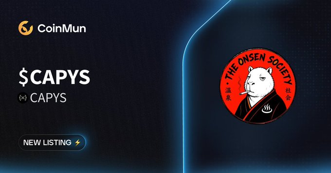 CoinMun cryptocurrency listing announcement for $CAPYS featuring 'The Onsen Society' logo with a dog in a kimono, marked as a 'New Listing'.