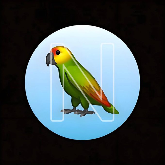 A colorful parrot standing inside a glowing blue circle that contains the letters 'IN' against a dark background.