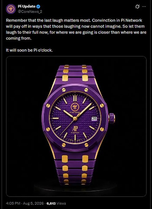 A 'Pi Update' post by @CoreNews_2 discusses conviction in Pi Network and features an image of a purple and gold Pi-branded AP watch.