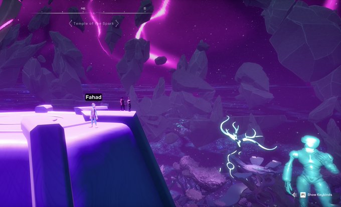 A video game screenshot showing a purple cosmic environment labeled 'Temple of the Spark' with a player character named 'Fahad' standing on a platform, with floating rocks and a glowing deer-like creature visible.