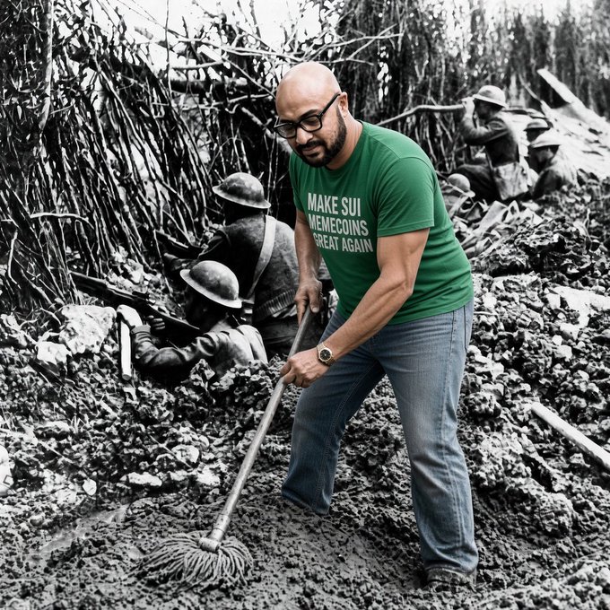 A meme image showing a man in a green "MAKE SUI MEMECOINS GREAT AGAIN" t-shirt holding a mop, overlaid onto a black-and-white historical photo of soldiers in a muddy trench.