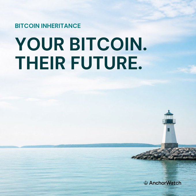An advertisement with the text 'BITCOIN INHERITANCE' and 'YOUR BITCOIN. THEIR FUTURE.' alongside the AnchorWatch logo, set against a backdrop of a lighthouse on the water.