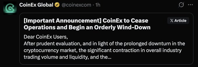 A tweet from CoinEx Global (@coinexcom) announces '[Important Announcement] CoinEx to Cease Operations and Begin an Orderly Wind-Down' due to cryptocurrency market downturn.