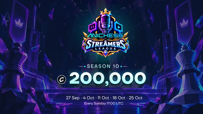 A digital promotional poster for 'CHESS STREAMERS LEAGUE SEASON 10' announces a prize pool of '200,000' and lists dates including '27 Sep. - 4 Oct. - 11 Oct. - 18 Oct. - 25 Oct'.