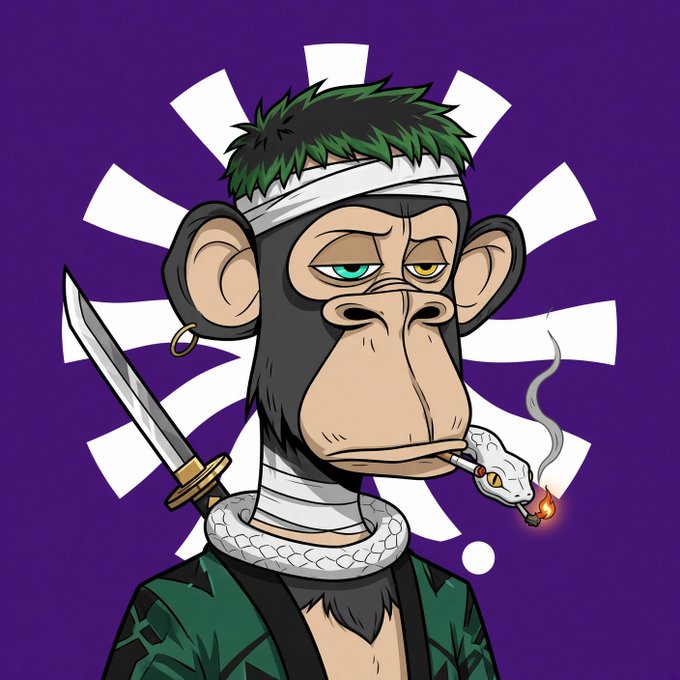A digital illustration of a Bored Ape-style cartoon monkey with heterochromic eyes, a green headband, snake around its neck, smoking a cigarette with a sword over its shoulder, set against a purple background with a white rising sun pattern.