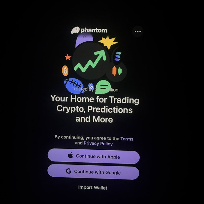 The image shows the Phantom wallet sign-in screen featuring the tagline "Your Home for Trading Crypto, Predictions and More," with login options to "Continue with Apple" or "Continue with Google," alongside an "Import Wallet" button. This relates to the post's advice on troubleshooting @world_xyz deposits by reinstalling the Phantom app and importing existing wallets via seed phrase to restore access to funds.